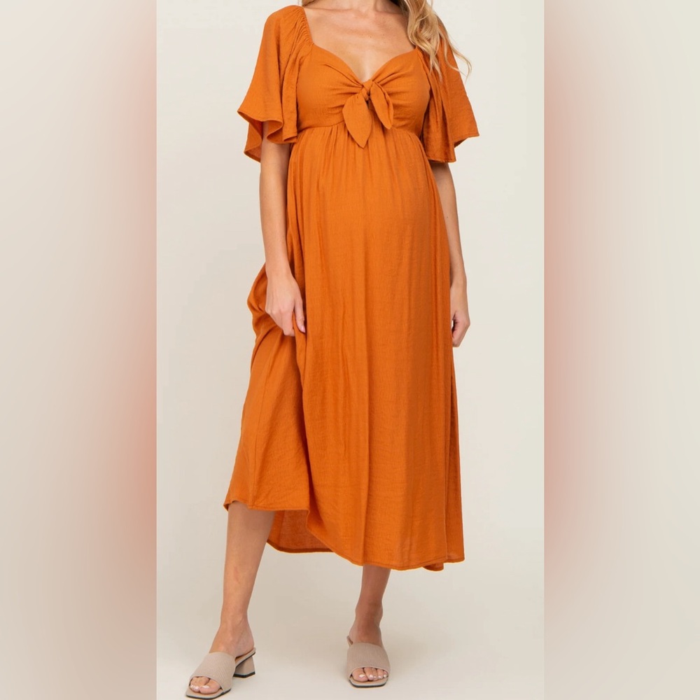 Pinkblush Maternity Front Tie Ruffle Sleeve Midi Dress